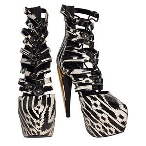 SHI by Journeys Platform Heels Womens Size 10 Black White Tribal Cage Heels